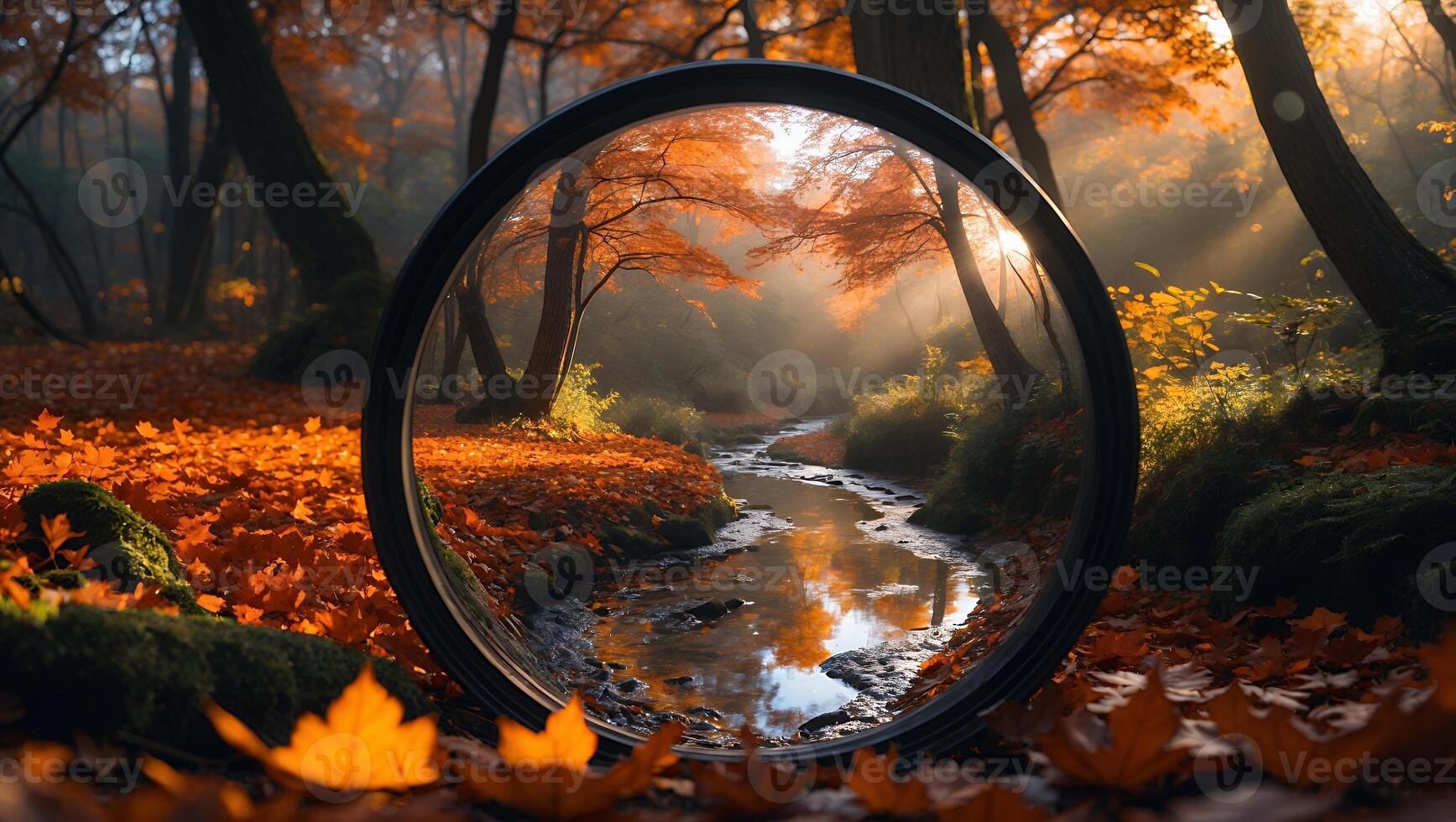 Autumn Stream Reflected Through Lens in Forest with Fallen Leaves photo