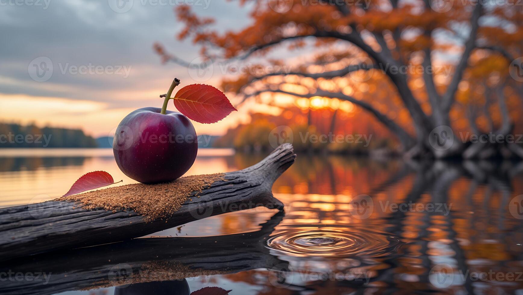 Dark Plum on Log Reflecting Autumn Landscape in Water at Sunset photo