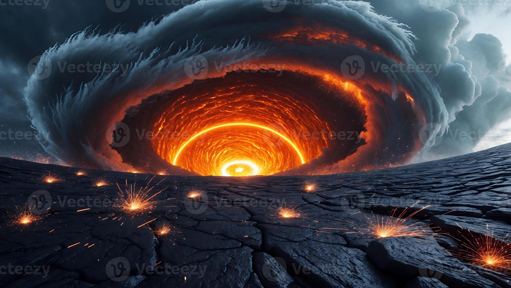 Fiery Vortex Landscape with Dark Sky and Cracked Ground Surface photo
