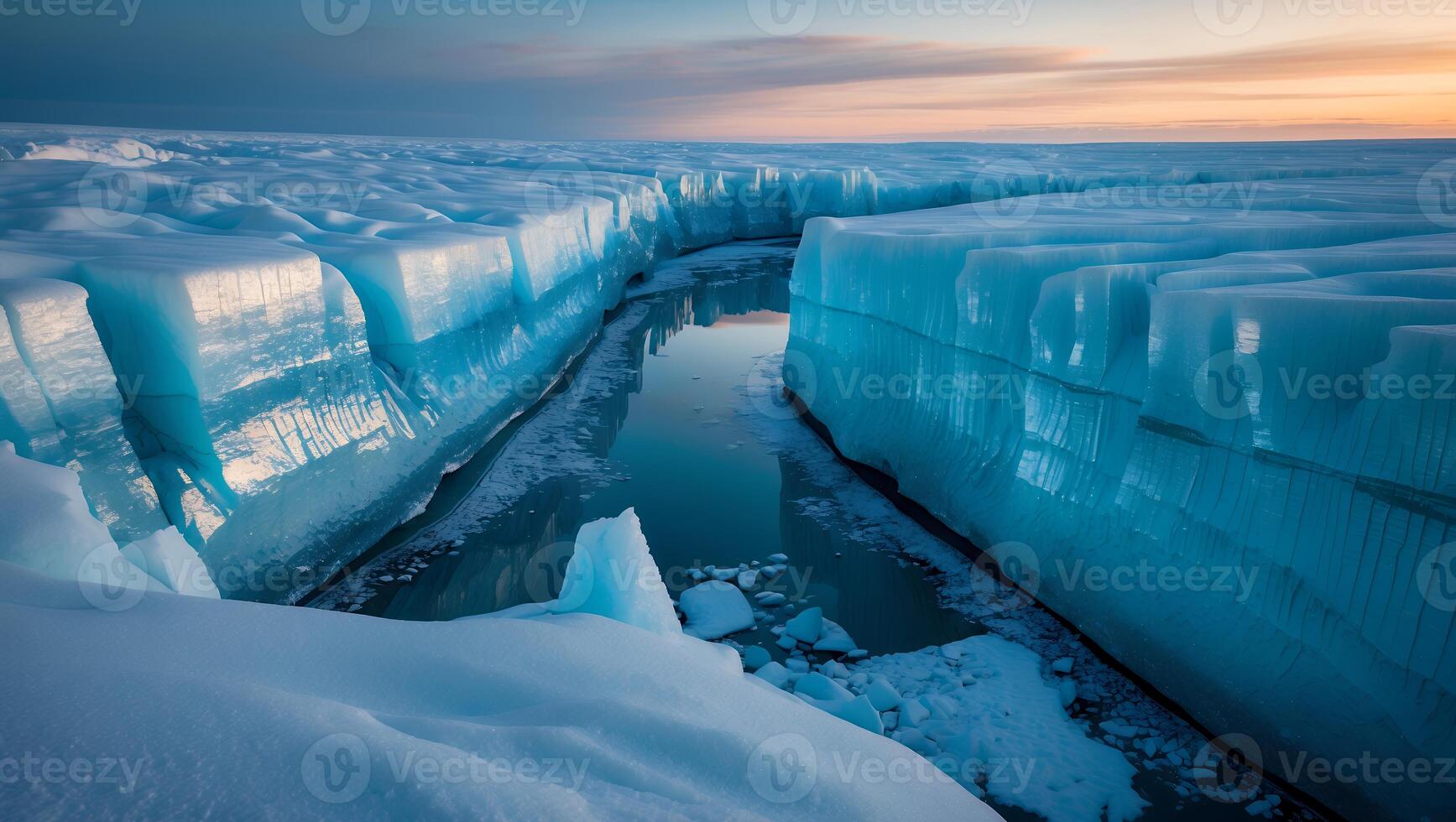 Frozen Landscape with Ice Blocks and Water Reflecting Sky Light photo