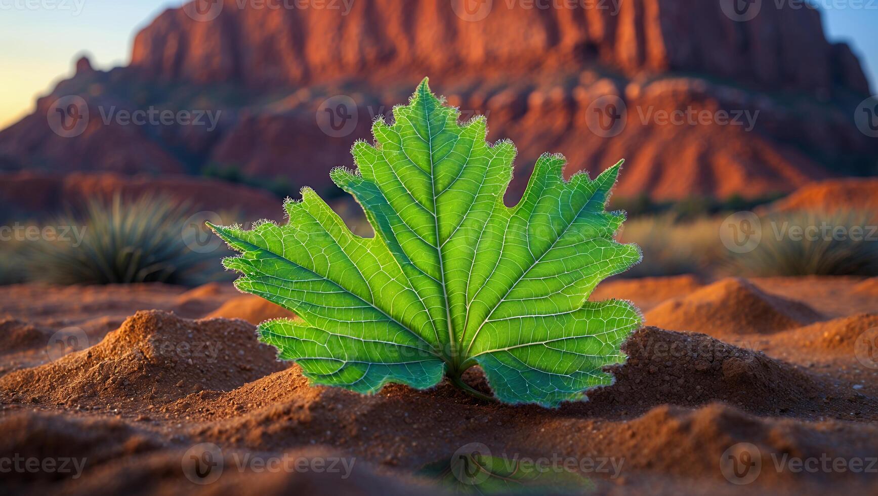 Green Leaf Growing in Desert Landscape Against Red Rock Formation photo