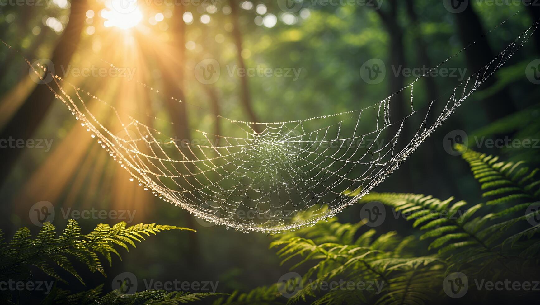 Spiderweb Covered in Dew Drops Hanging in Forest Sunlight photo