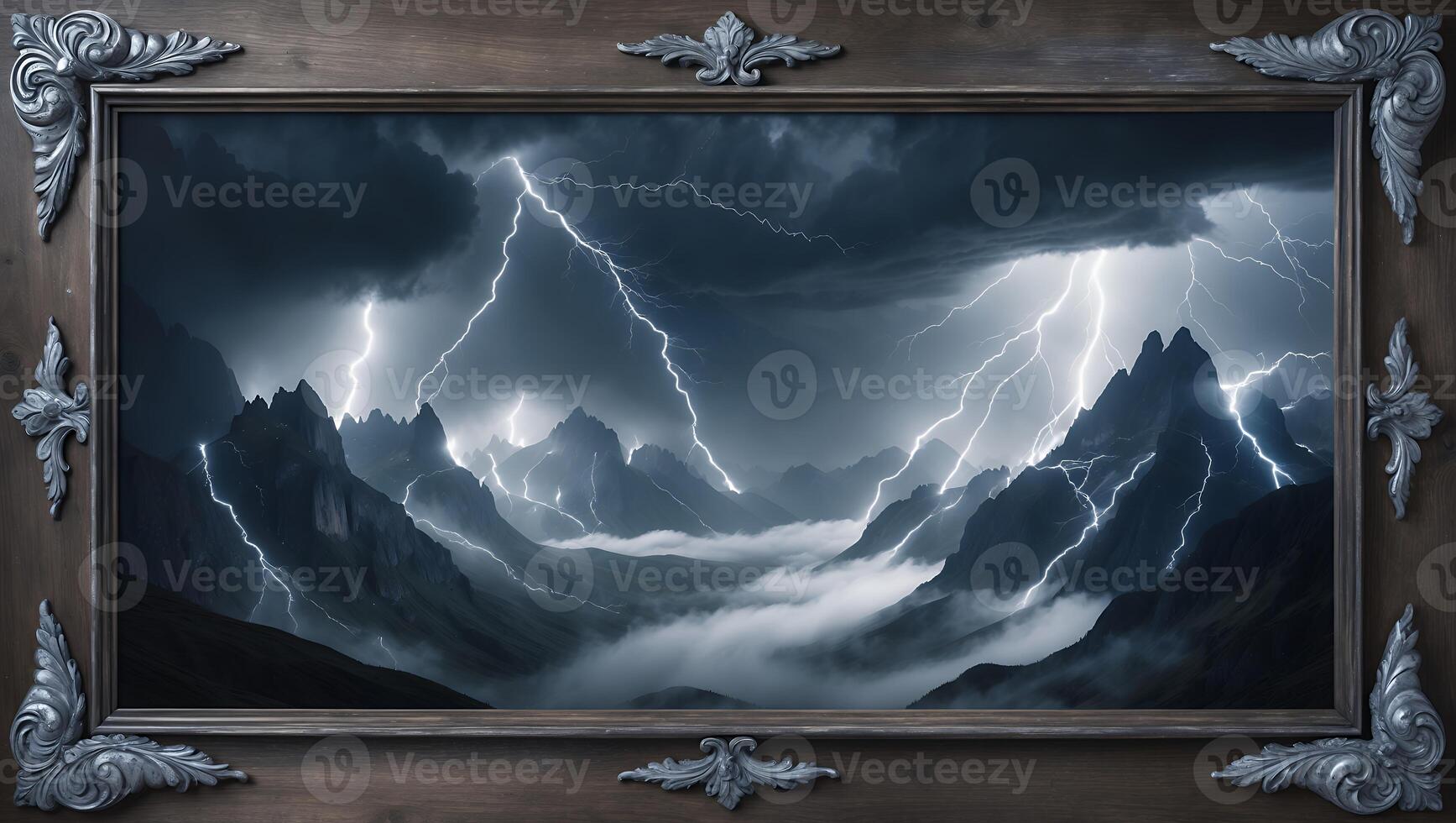 Lightning Storm Over Mountain Peaks Landscape in Ornate Decorative Frame photo