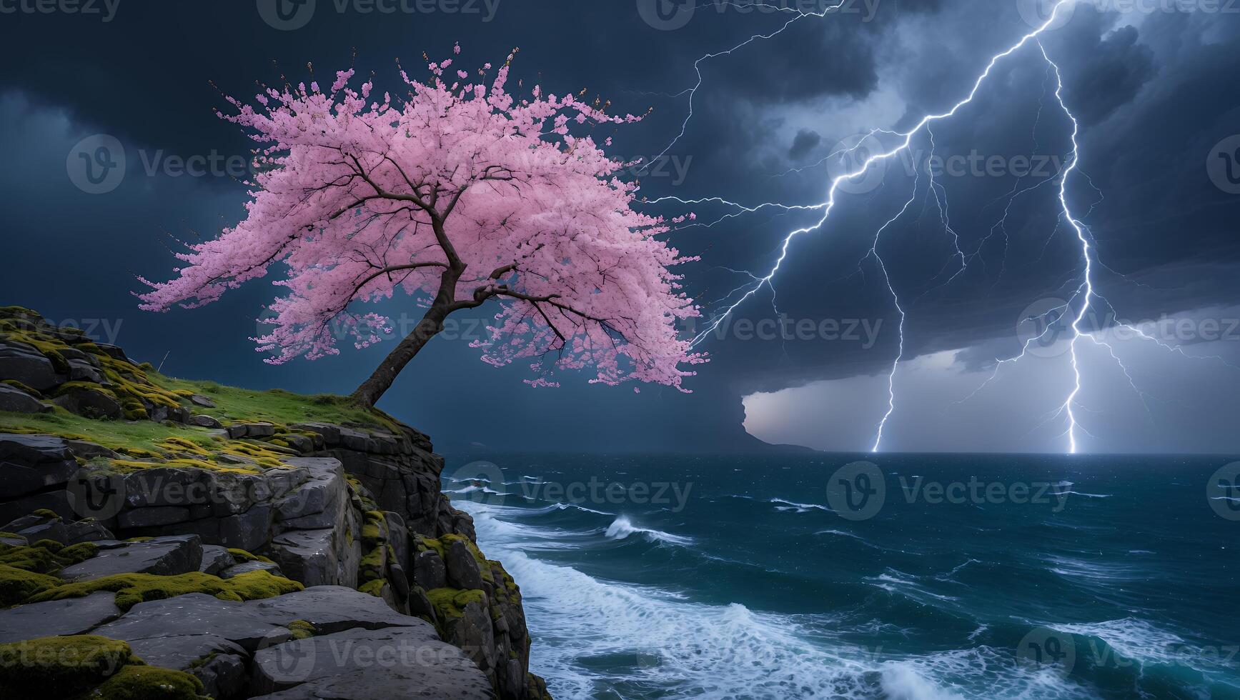 Pink Blossom Tree on Cliffside During Storm with Lightning Strikes photo
