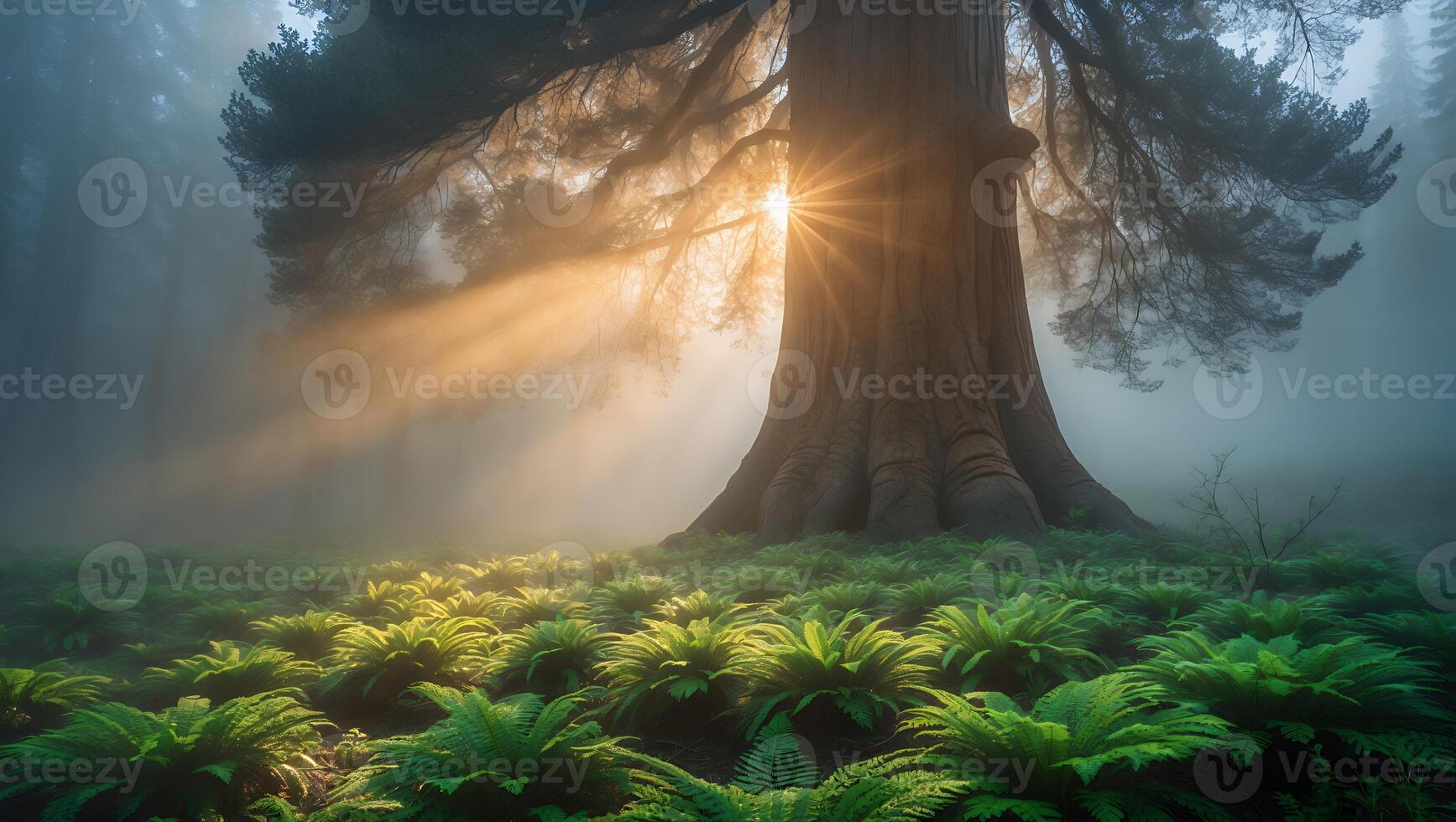 Sunlight Through Majestic Tree in Forest with Ferns and Fog photo