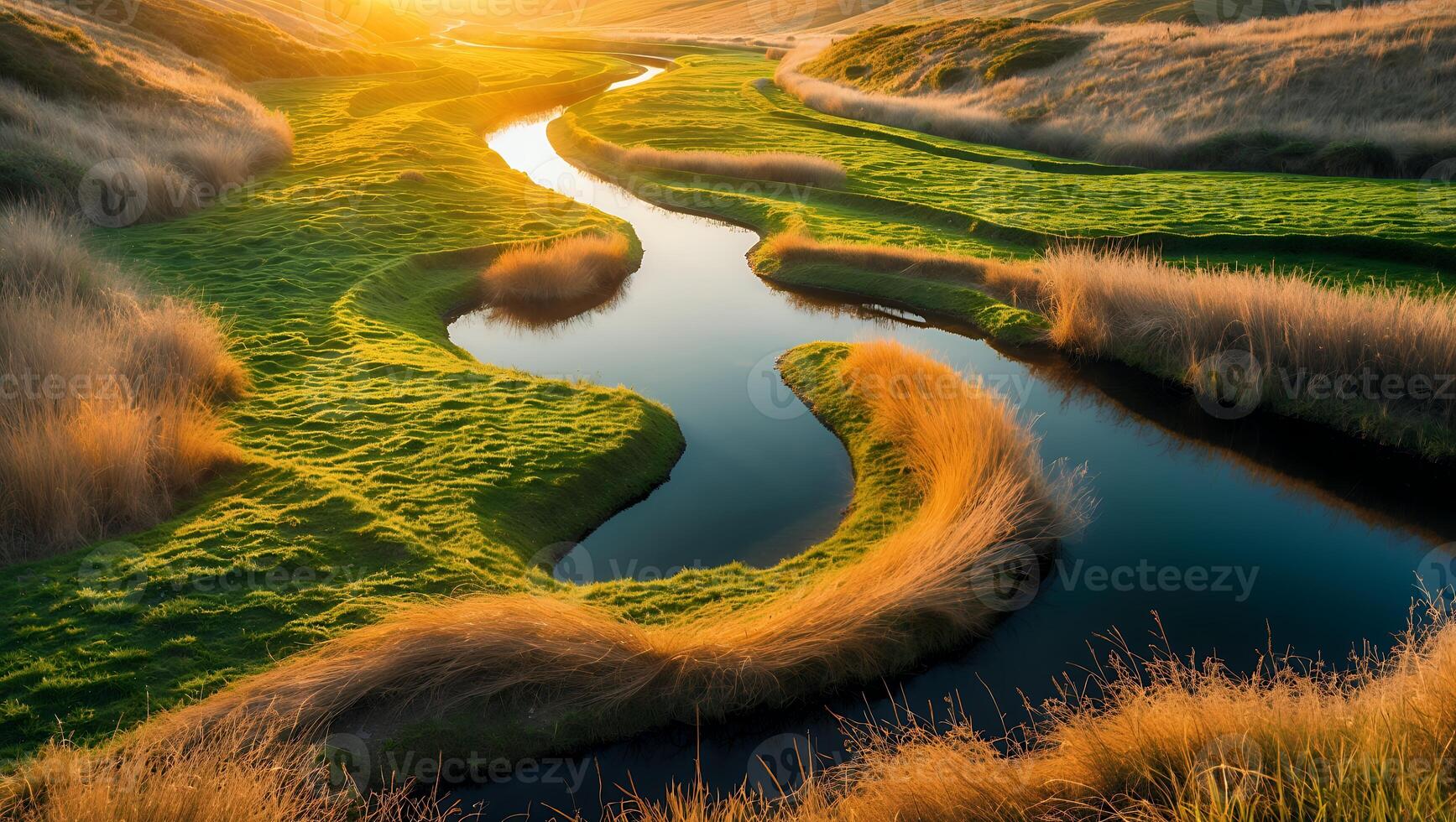 Winding River Through Green Landscape at Sunrise with Golden Light photo