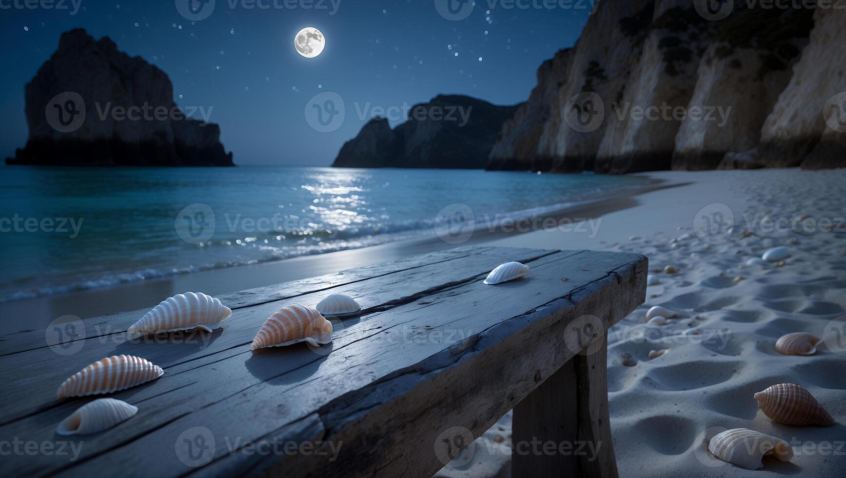 Seashells on Beach Bench Under Moonlight by Ocean at Night photo