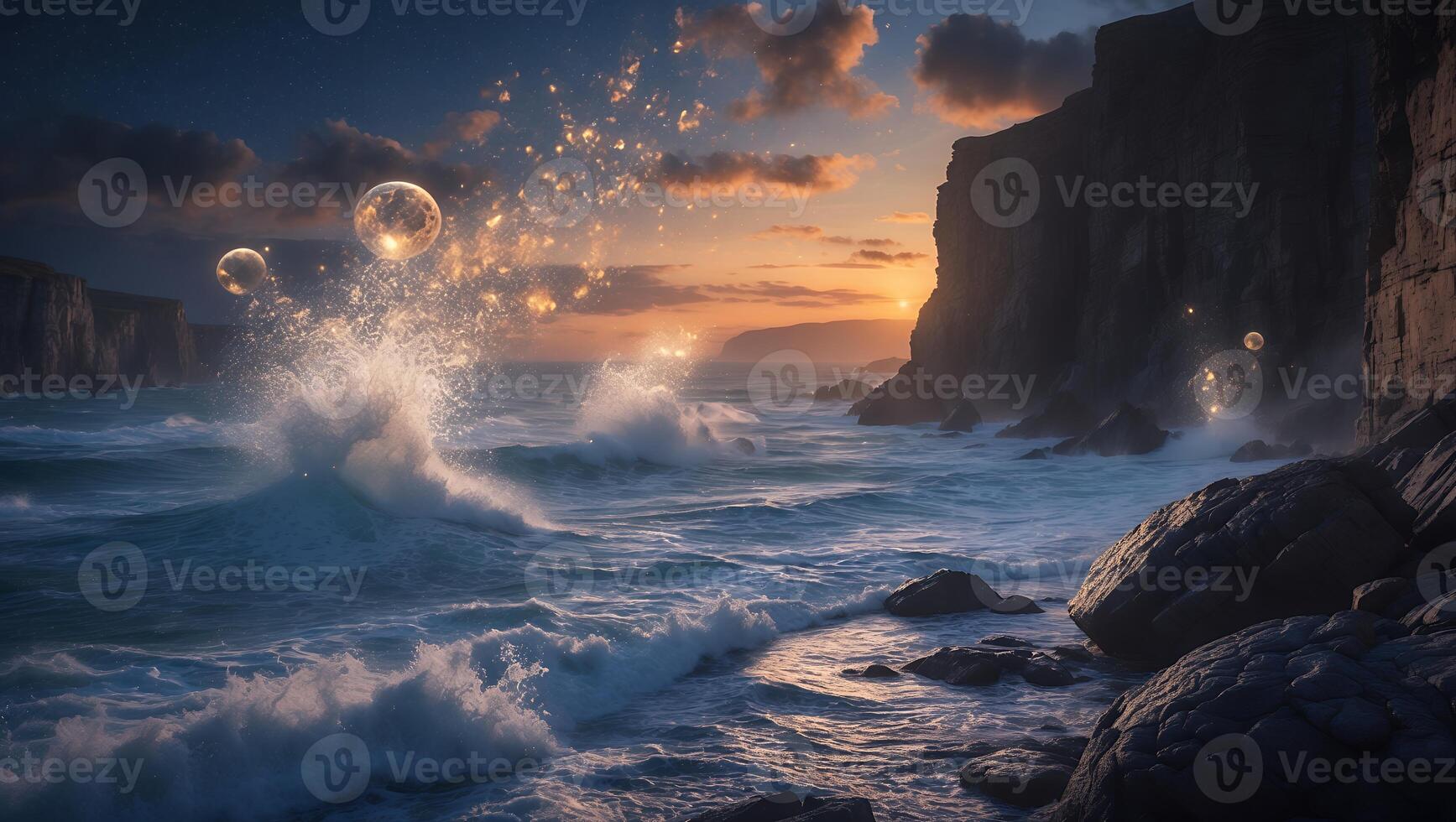 Crashing Ocean Waves at Sunset with Rocky Cliffs and Sparkling Spheres photo