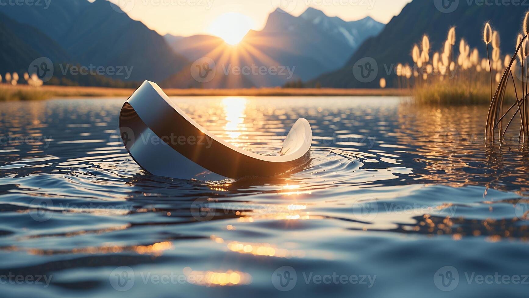 Object Floating on Water Against Mountain Backdrop at Sunset Scenery photo