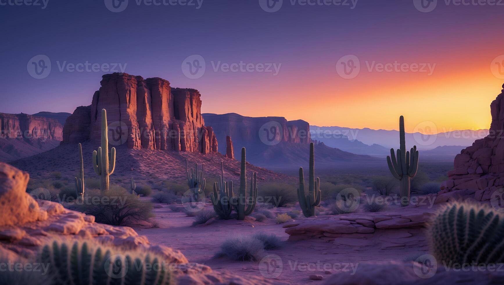Desert Landscape with Cacti at Sunset with Rock Formation photo