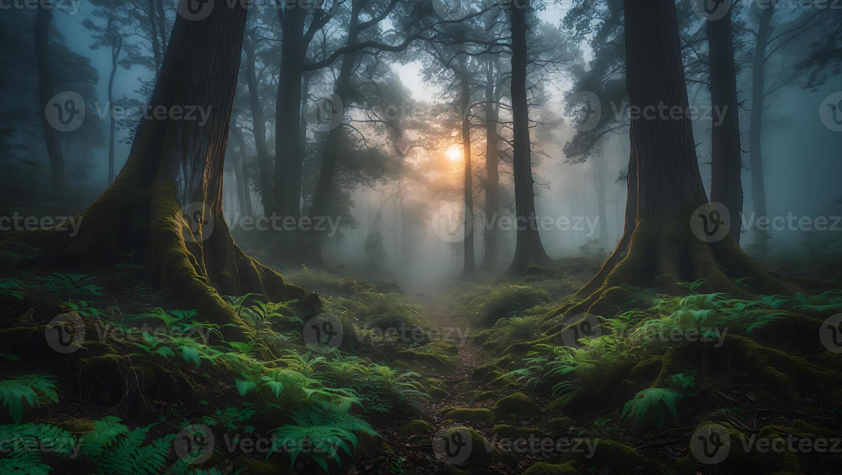 Walking Path Through Misty Forest with Sunlight Shining Through Trees photo
