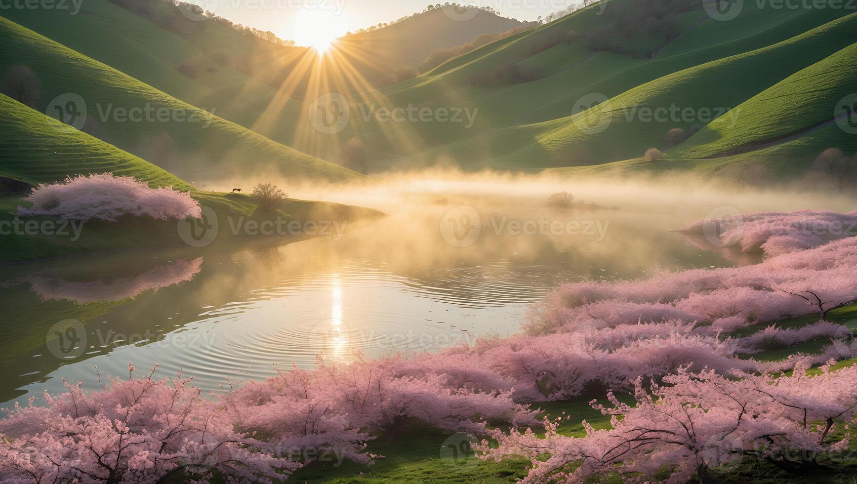 Lake Surrounded by Cherry Blossoms with Fog and Sun Rays photo