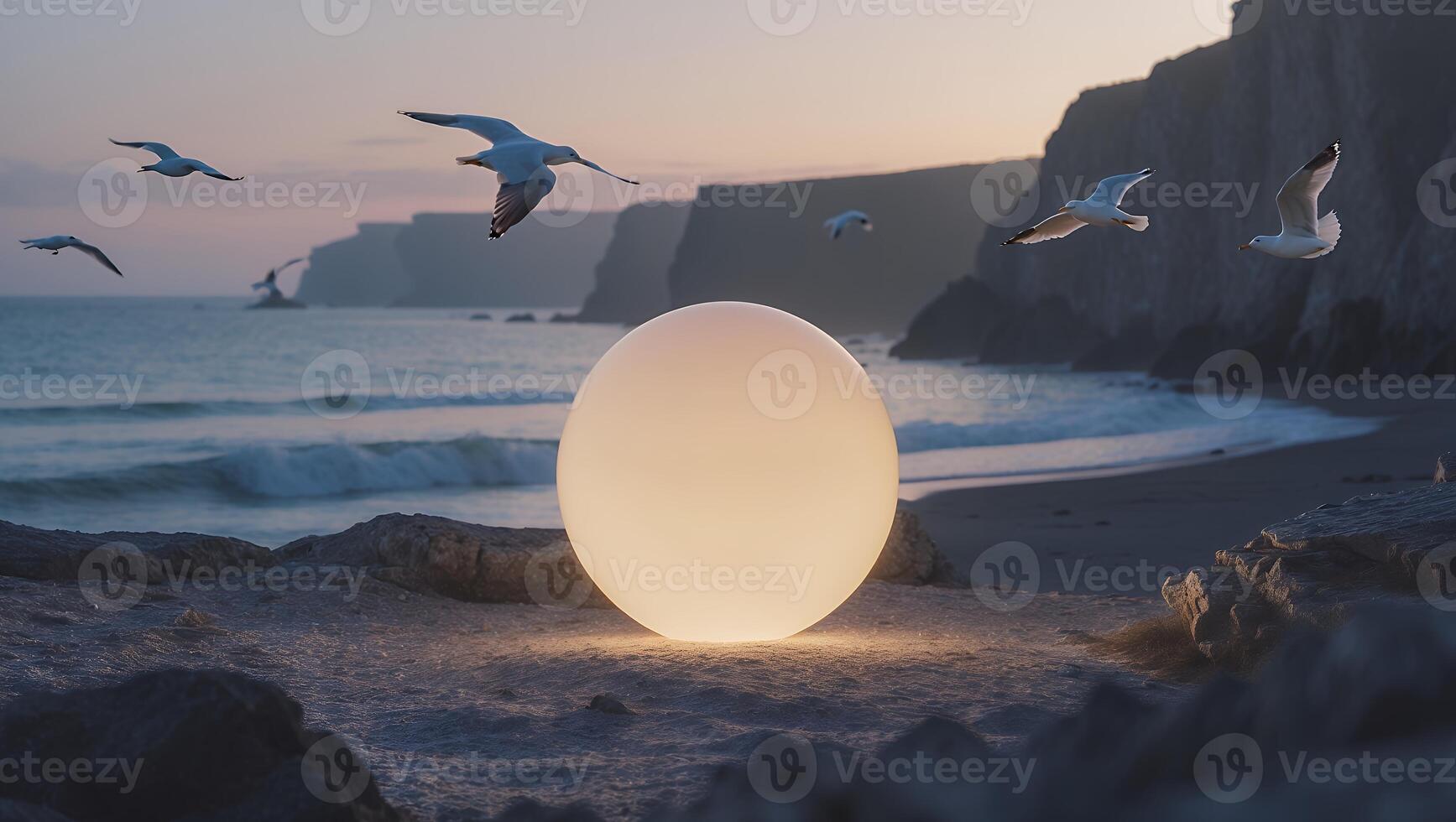 Glowing Sphere on Beach with Birds Flying at Dusk Seascape photo