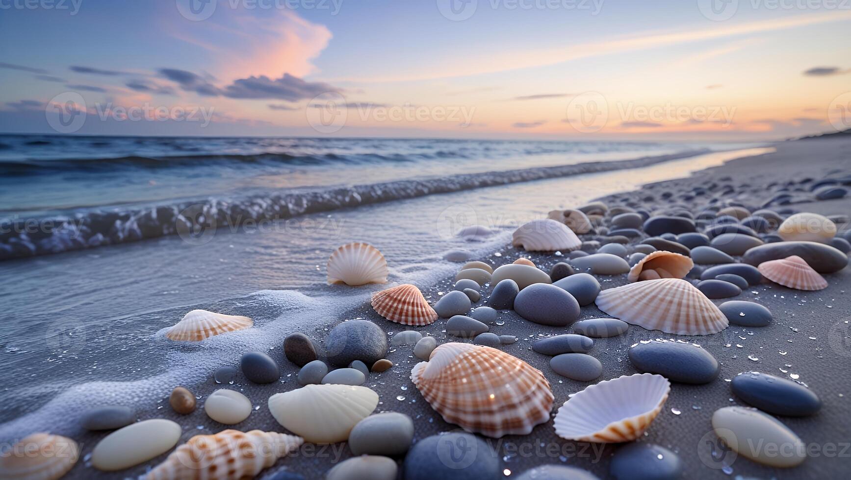 Seashells and Pebbles on Sandy Beach at Dusk with Gentle Waves photo