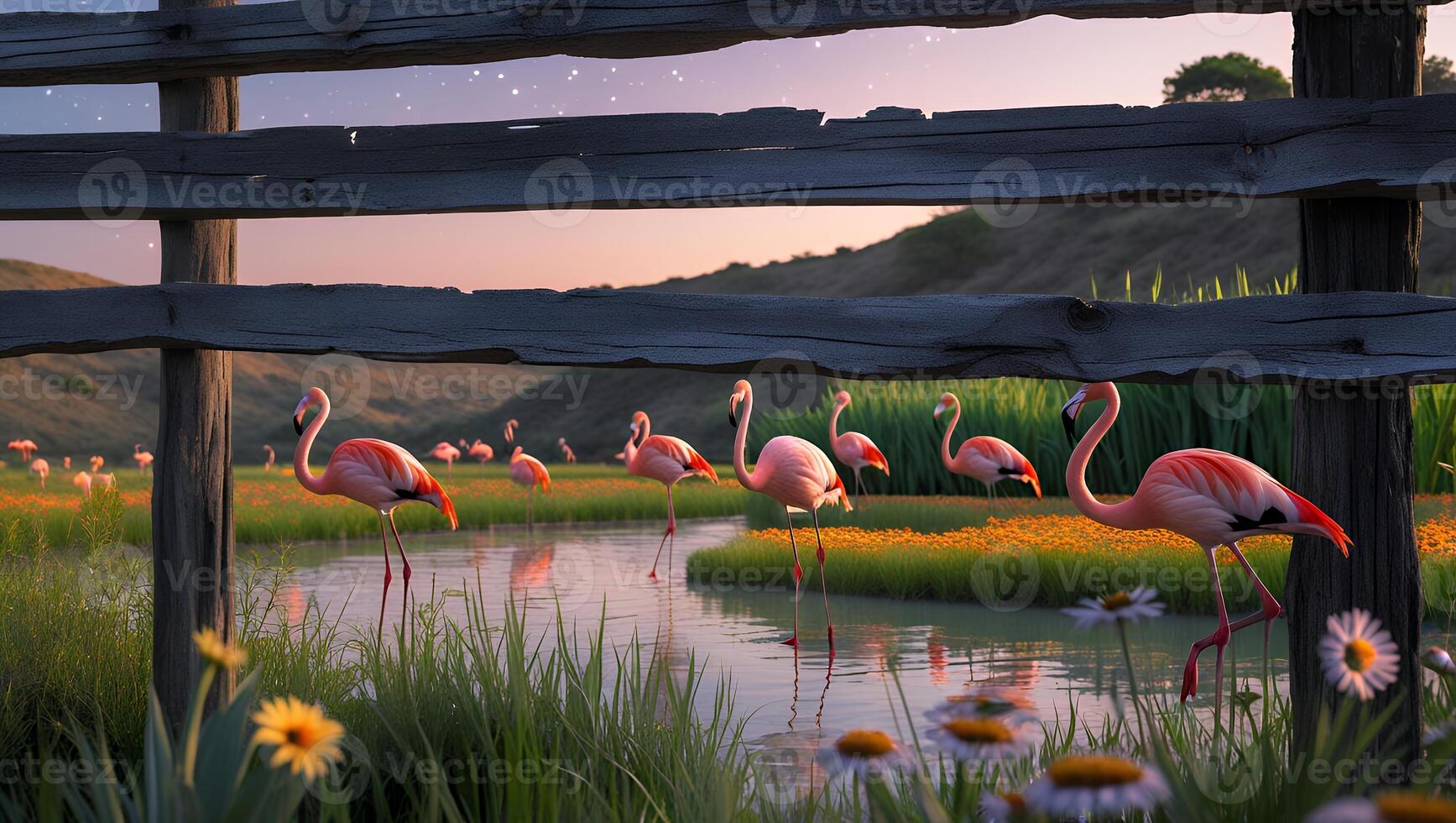 Flamingos Wading Through Wetland at Dusk Near Wooden Fence photo