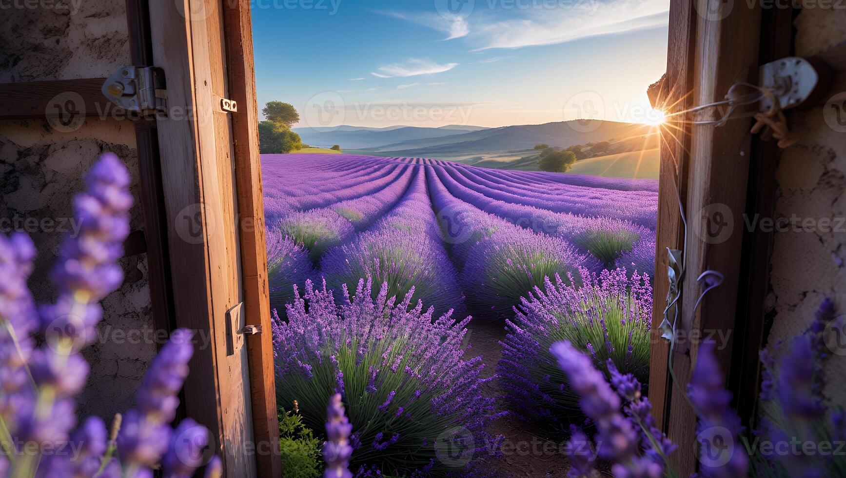 Lavender Field View Through Rustic Open Door at Peaceful Sunset photo