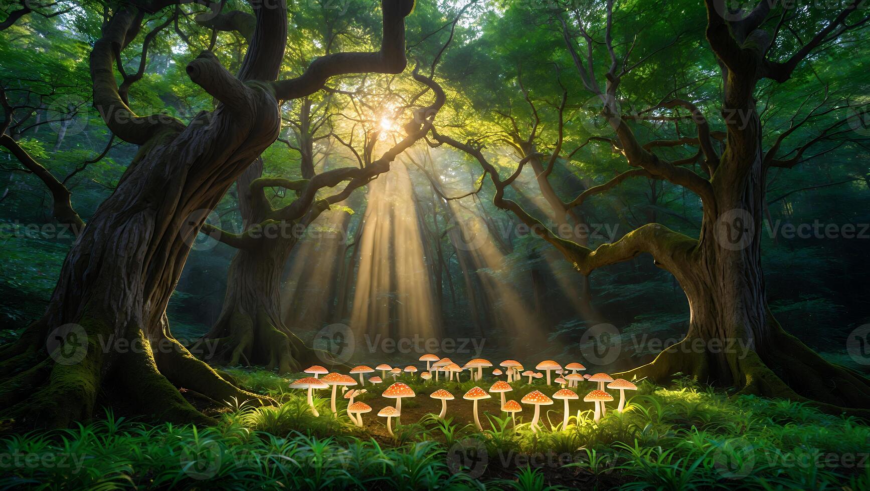 Mushrooms Glowing in Forest Sunlight with Greenery and Trees photo
