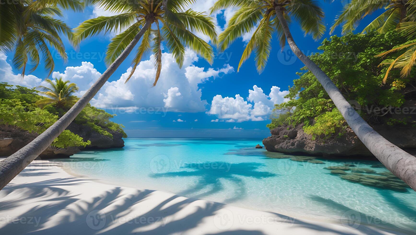 Tropical Beach Paradise with Turquoise Water and Palm Tree Shadows photo