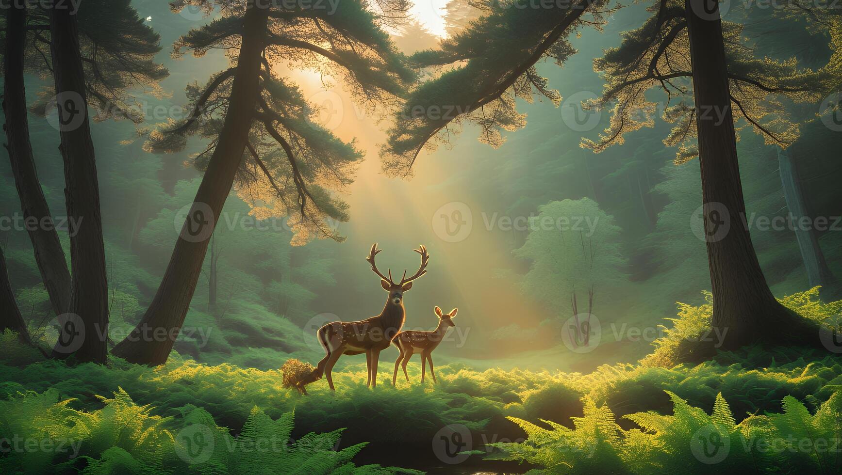 Deer and Fawn Standing in Sunlit Forest with Ferns photo