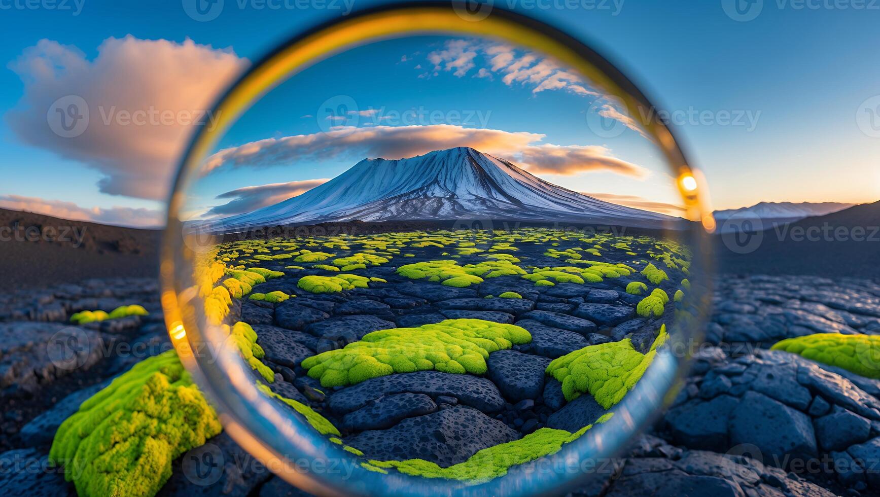 Volcano Scenery Through Lensball Over Green Moss on Volcanic Rock photo