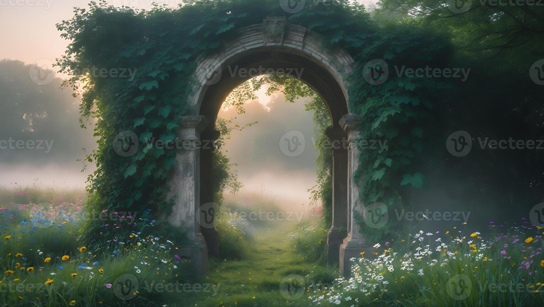 Walking Through Foggy Archway Opening Into Flower Meadow Landscape photo