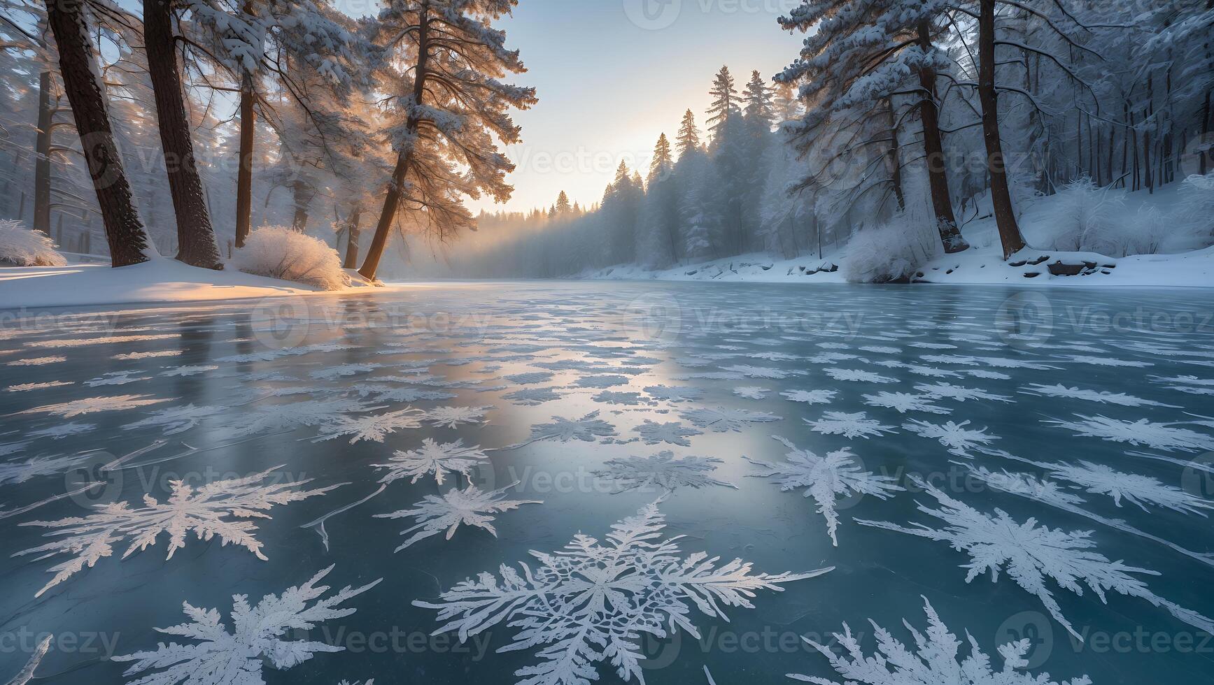 Frozen Lake with Delicate Ice Patterns Surrounded by Snowy Forest photo
