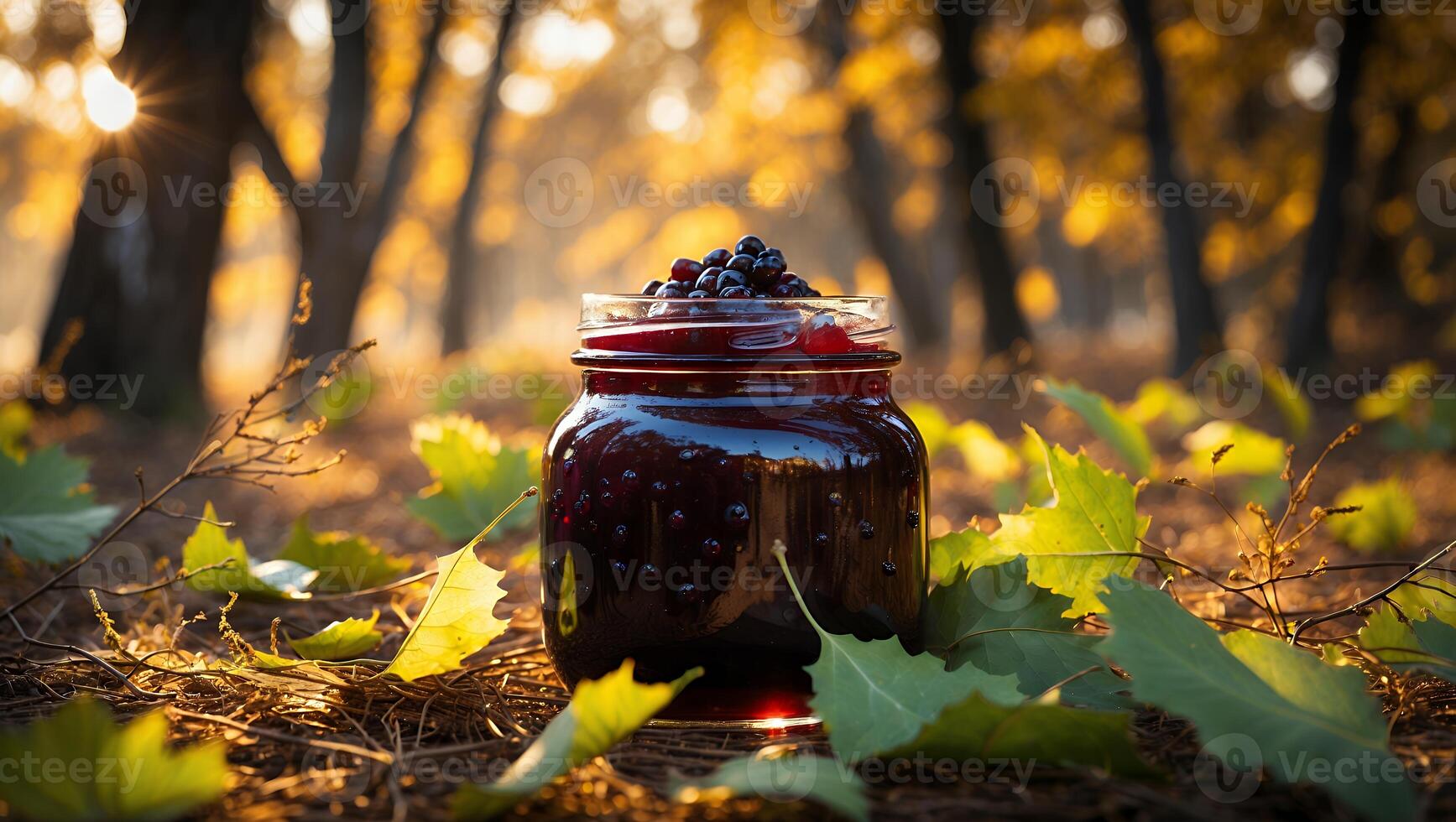 Dark Berry Jar on Forest Floor with Sunlight and Leaves photo