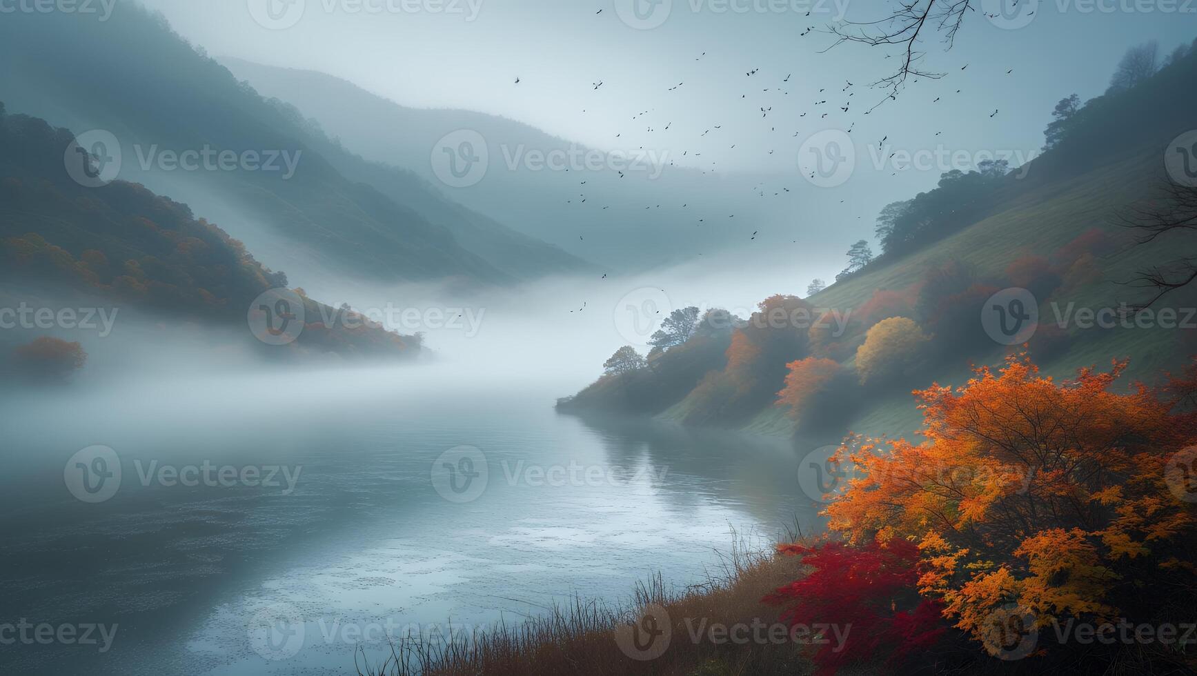 Misty Lake Landscape with Autumnal Foliage and Gentle Mountain Views photo
