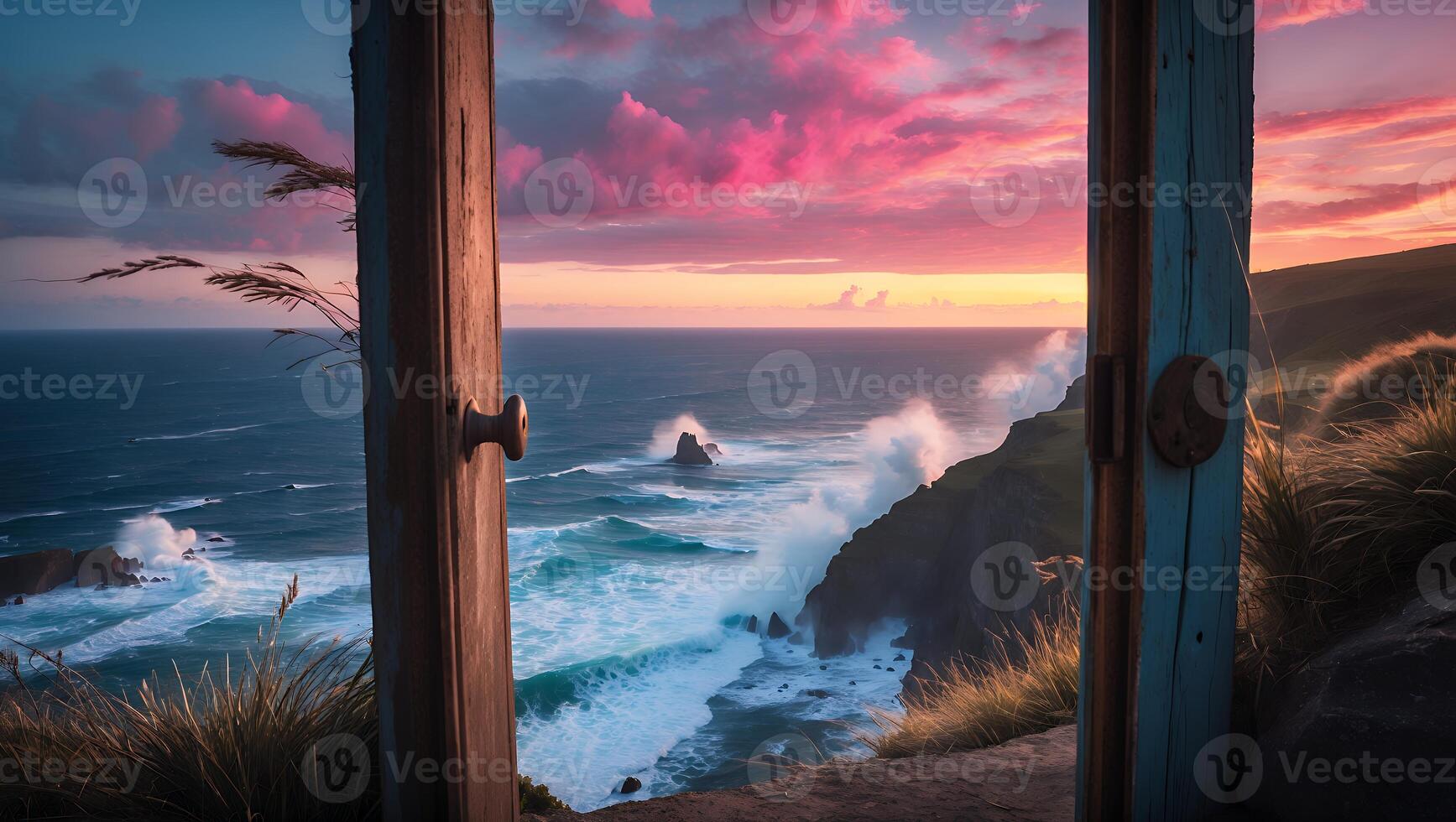 Ocean View Through Open Door with Pink Sunset Sky and Waves photo