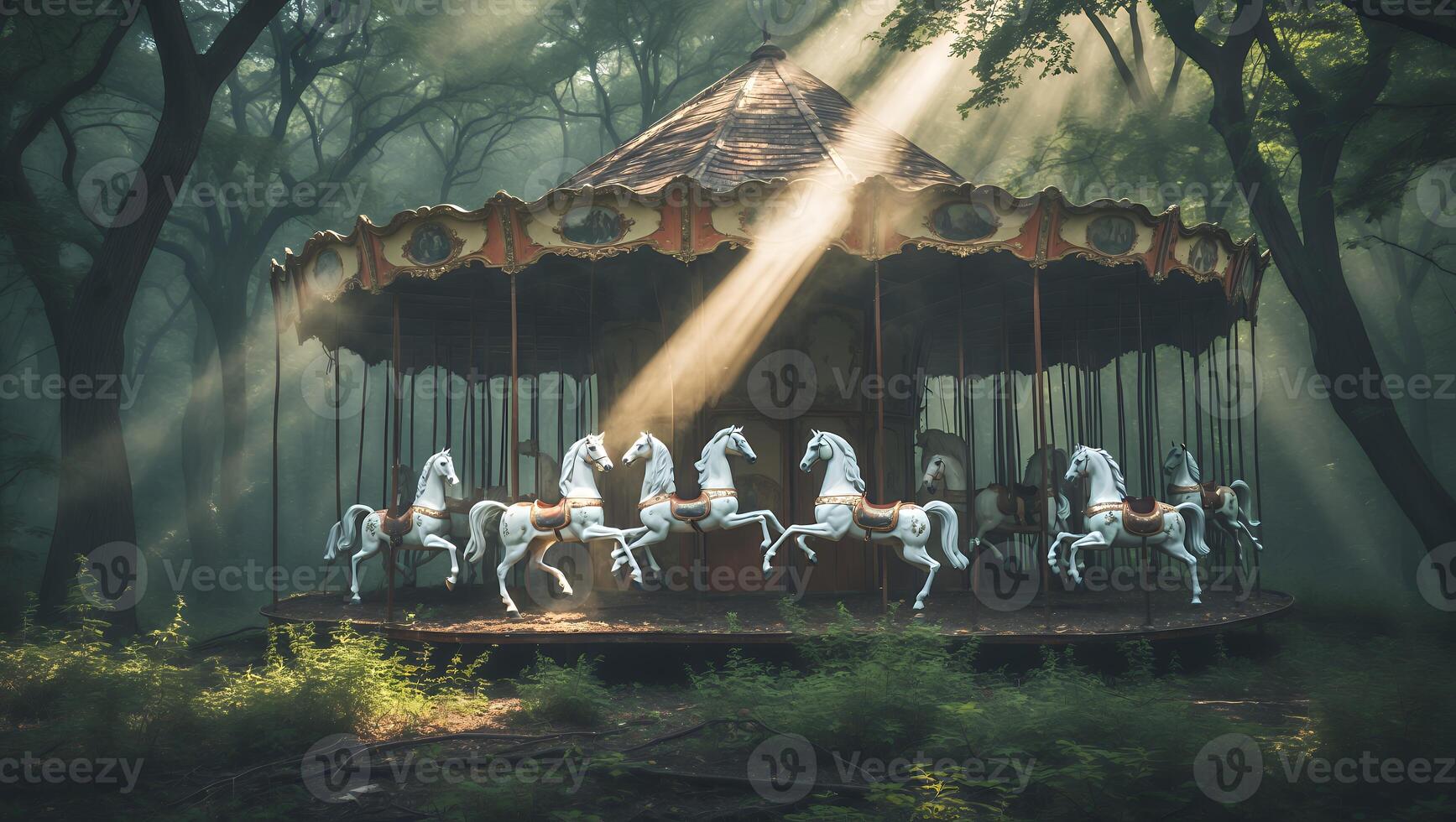 Carousel in Forest with Sun Rays Creating a Magical Atmosphere photo