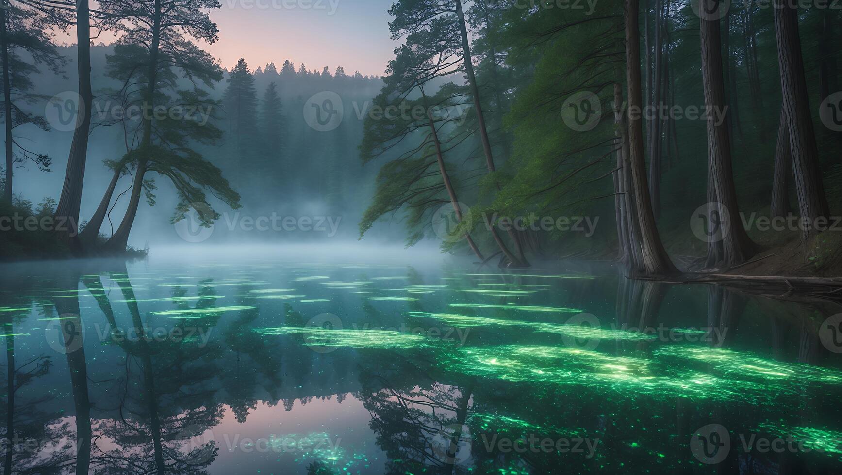 Serene Lake at Dawn Surrounded by Forest with Foggy Mist photo