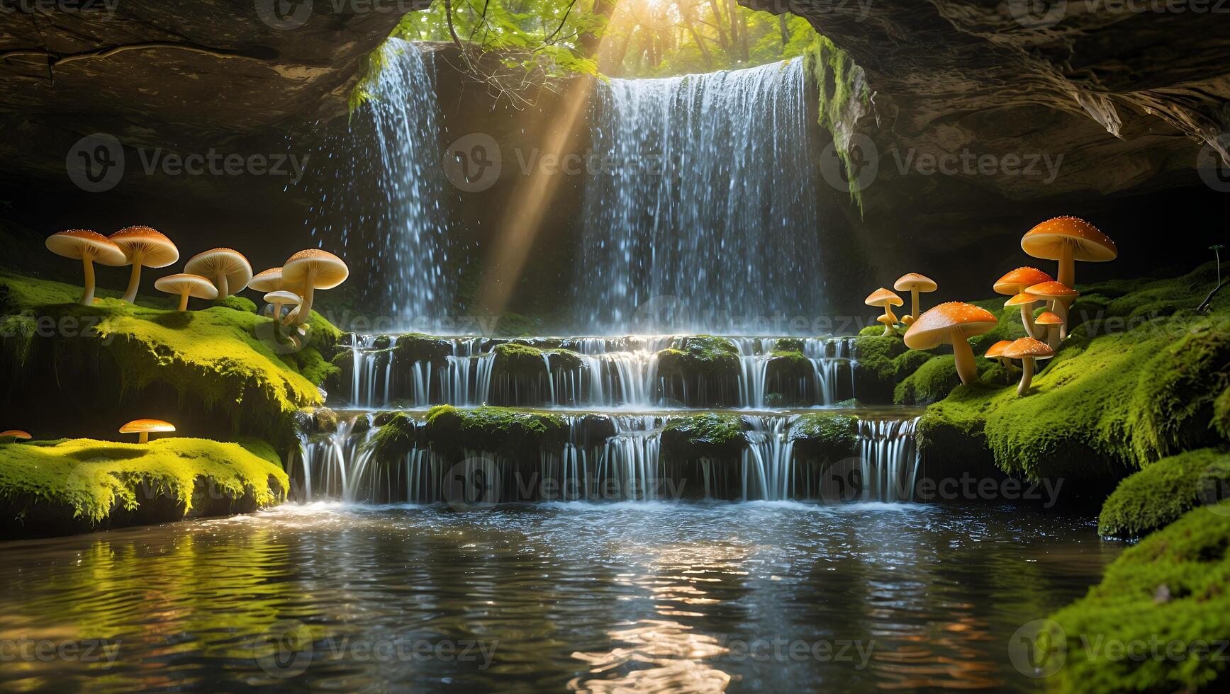 Waterfall Scene with Mushrooms Growing on Mossy Rocks Sunlight Streaming photo