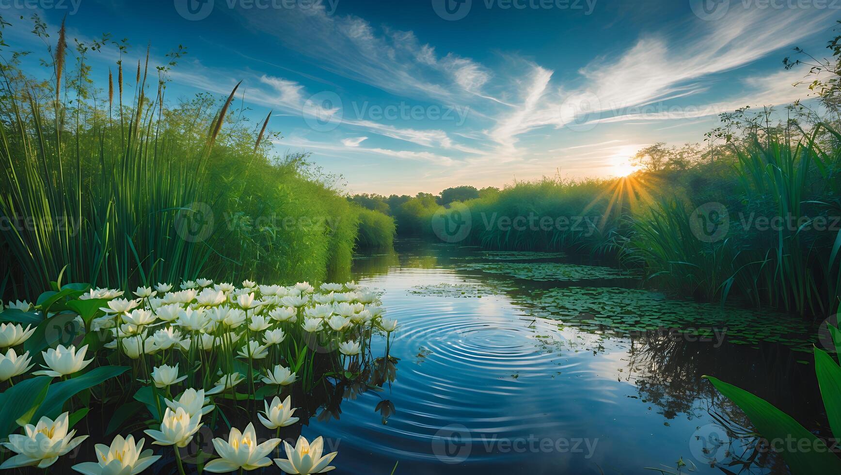 Lily Pond Reflecting Sunset with Ripples Through Green Plants Scenery photo