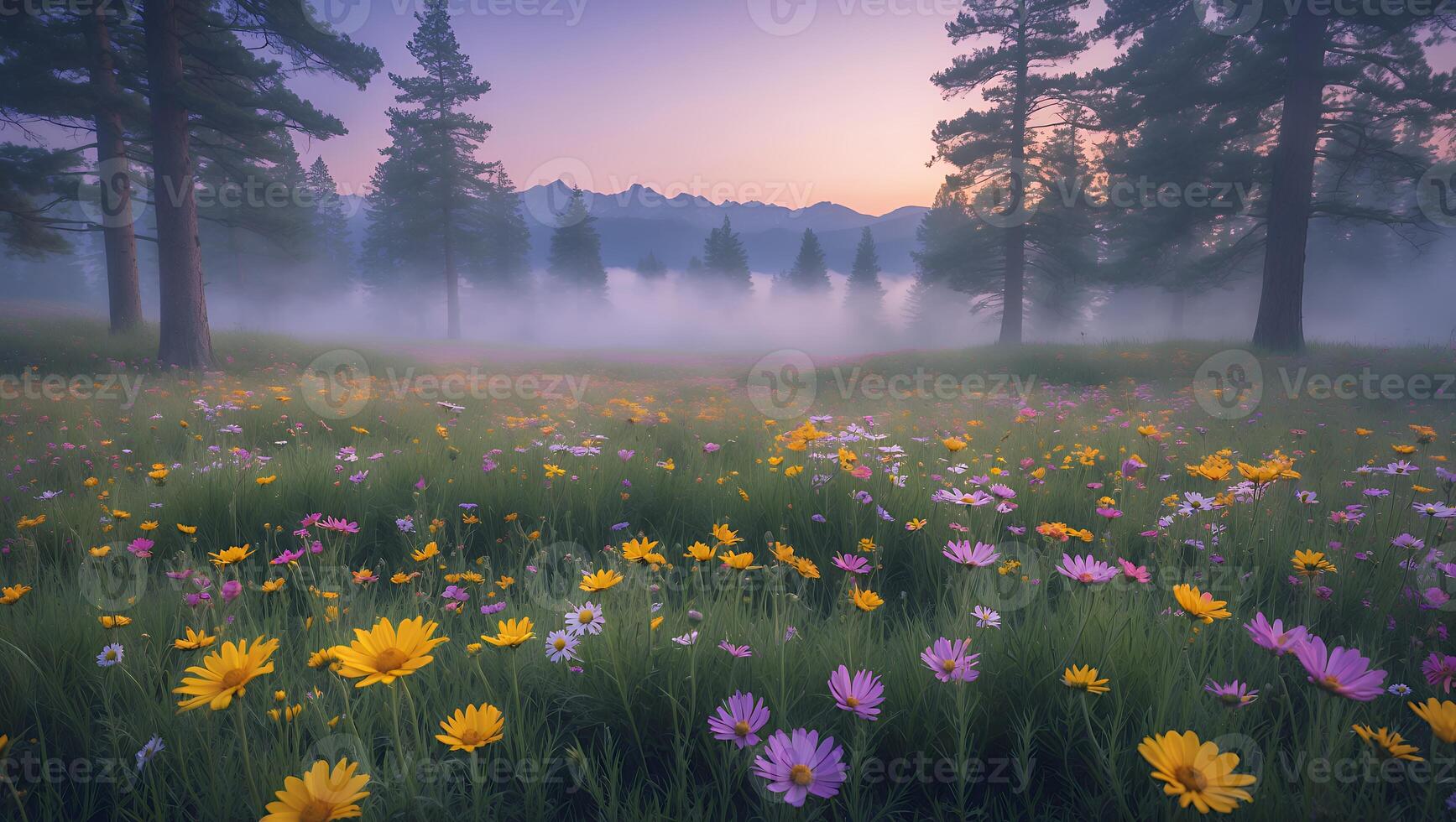 Meadow of Flowers at Dusk Surrounded by Trees and Fog photo