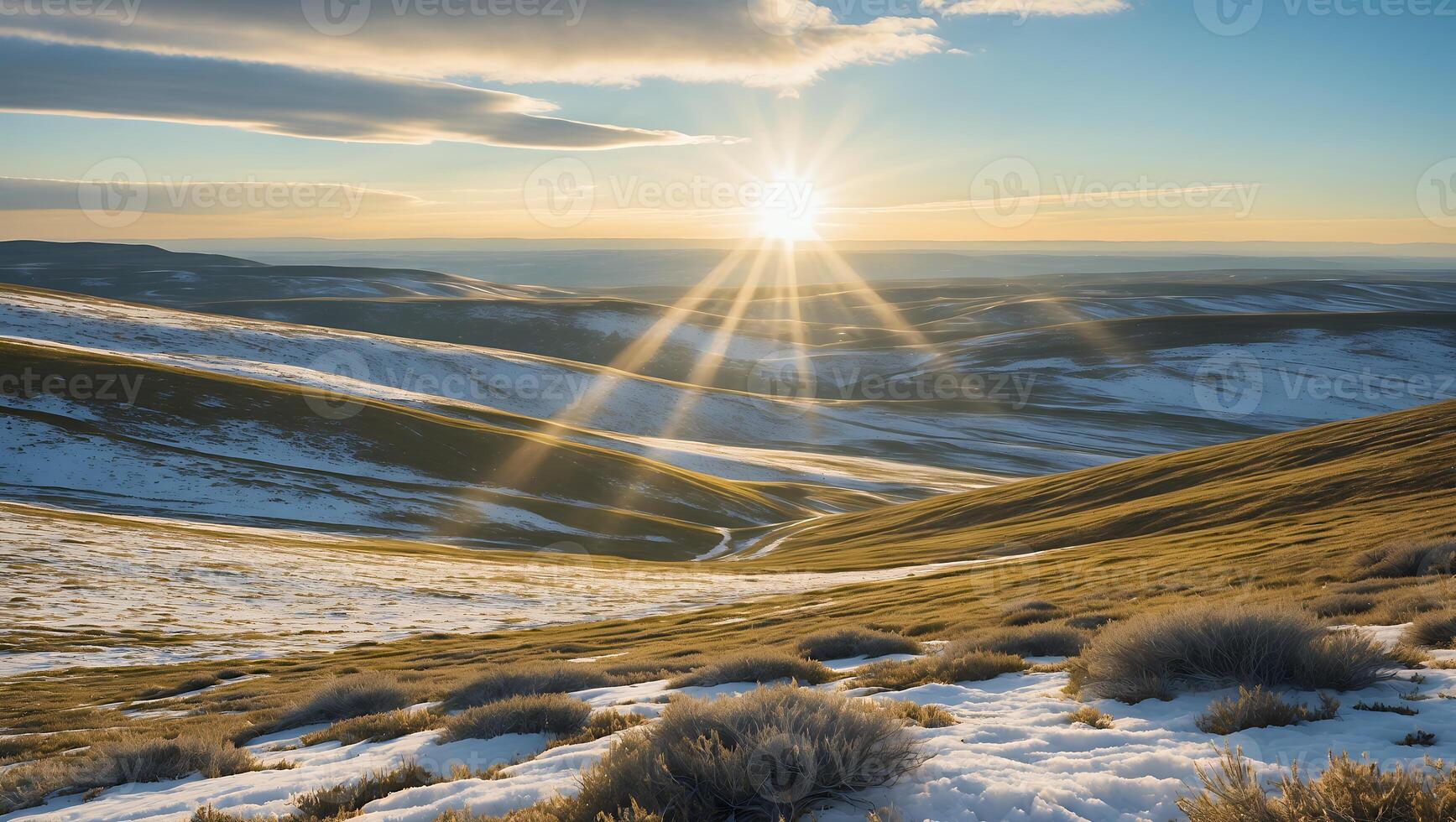 Rolling Hills with Snow and Sunlight Landscape at Golden Hour photo
