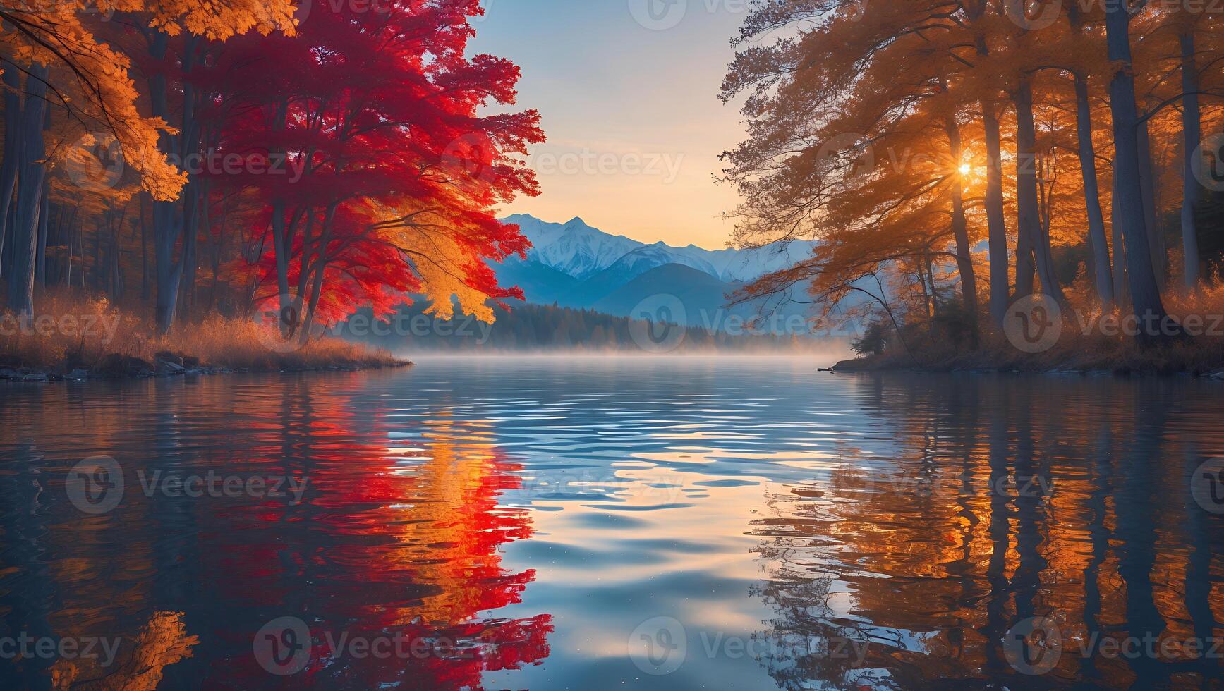 Still Lake Reflecting Autumn Colors with Mountains in the Background photo