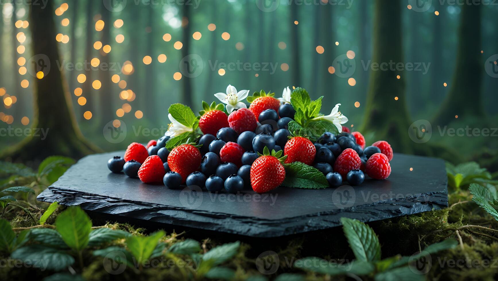 Fresh Berries on Slate in Forest with Bokeh Lights Backdrop photo