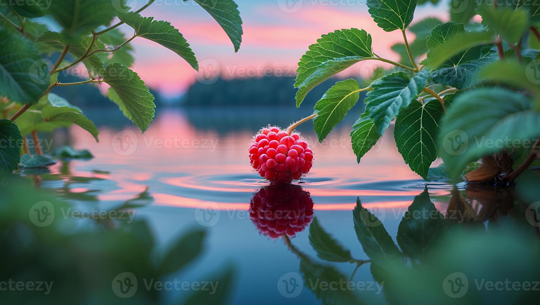 Red Berry Floating on Lake Reflecting Colorful Sky Among Greenery photo