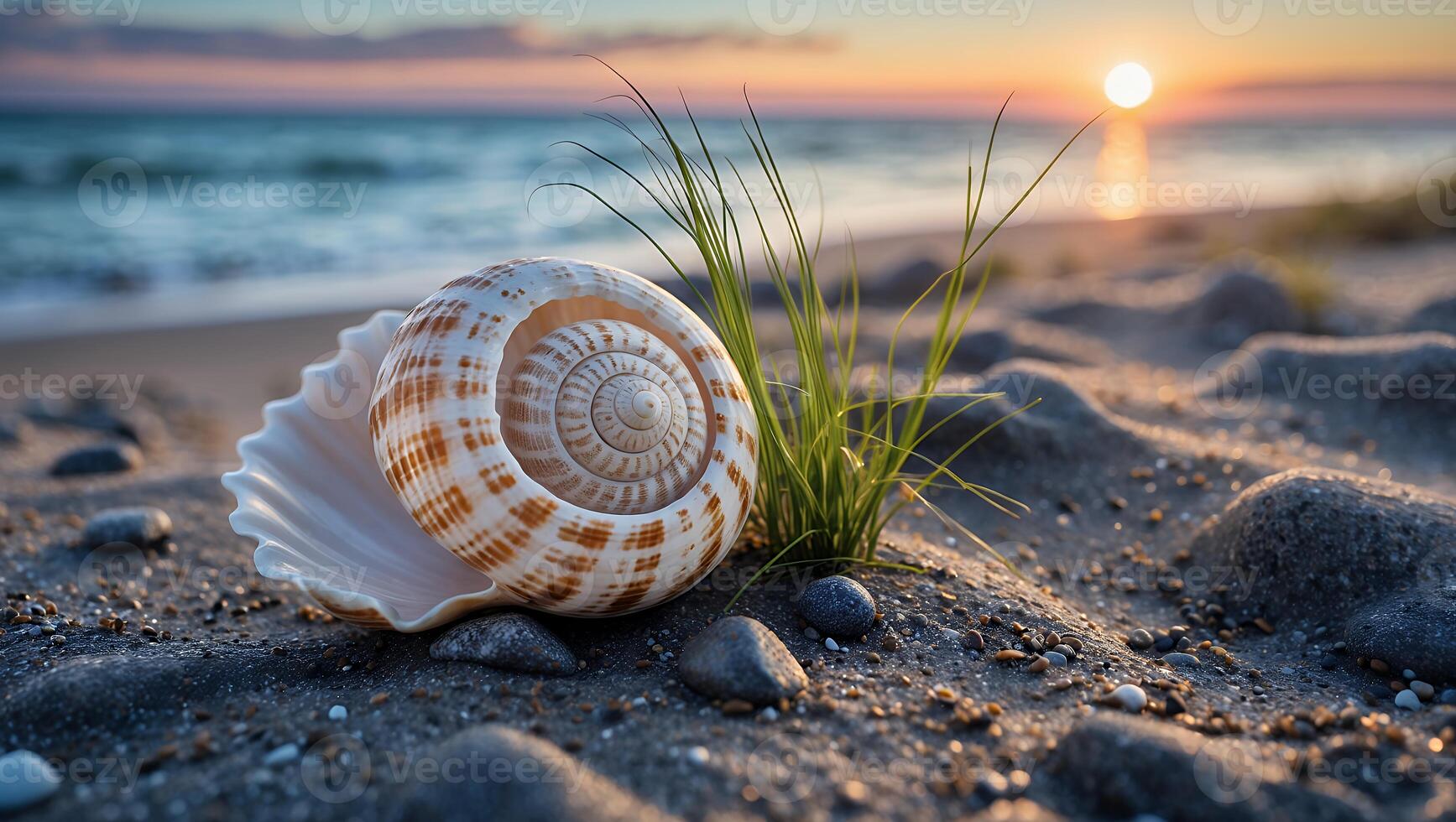 Seashell on Sandy Beach with Grass at Sunset by the Ocean photo