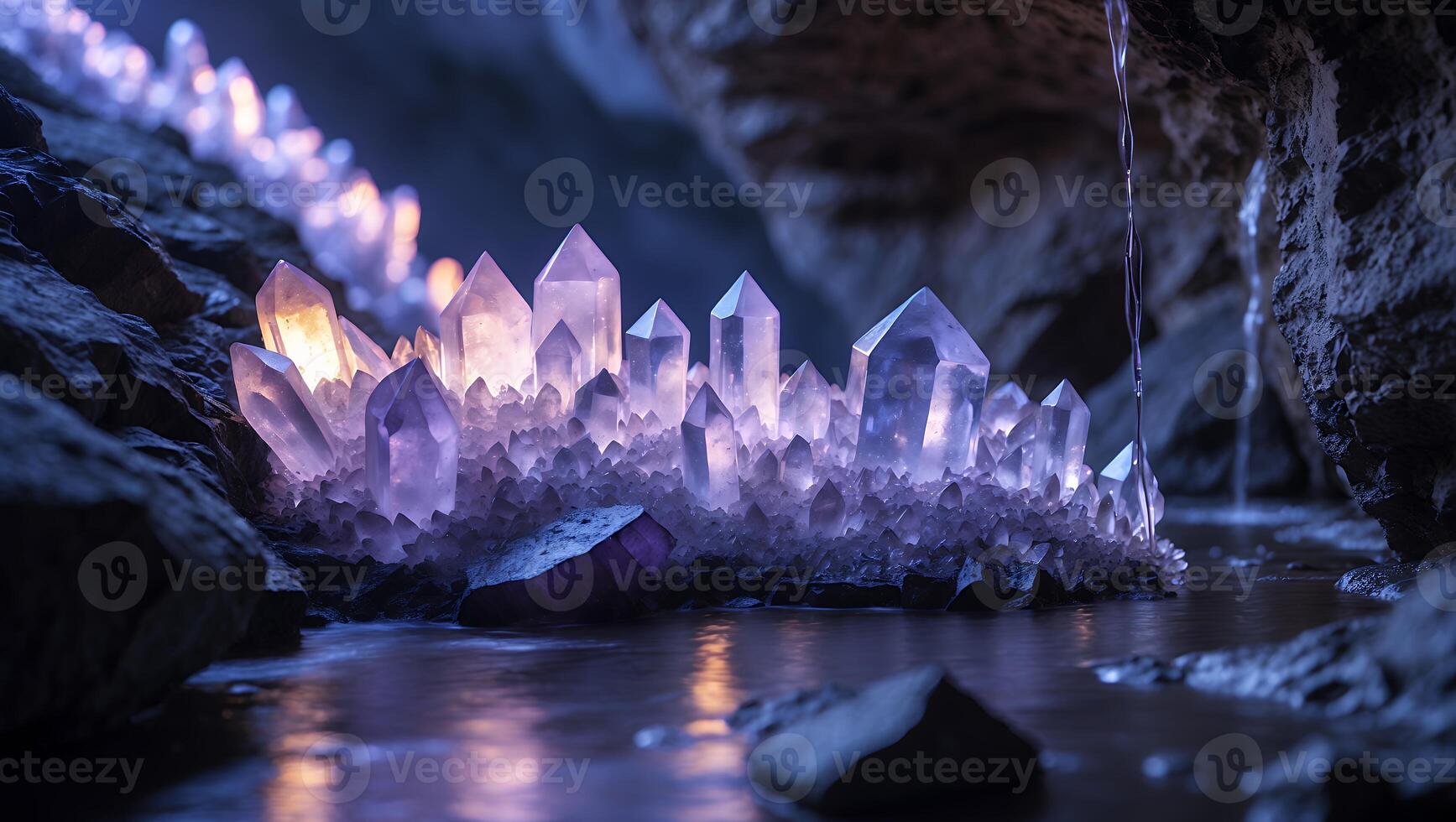 Glowing Crystal Cave with Flowing Water and Reflections Creating Serene Scene photo