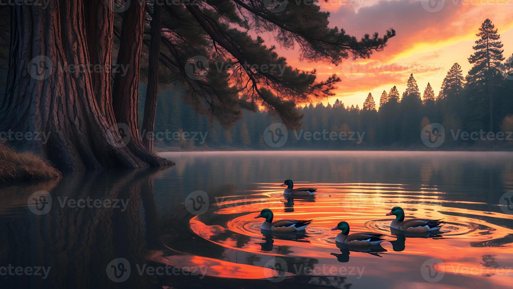 Ducks Swim on Lake at Sunset Reflected in the Water photo