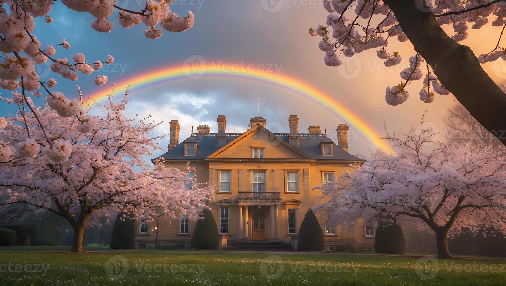 Manor House with Rainbow and Blooming Cherry Trees in Spring photo