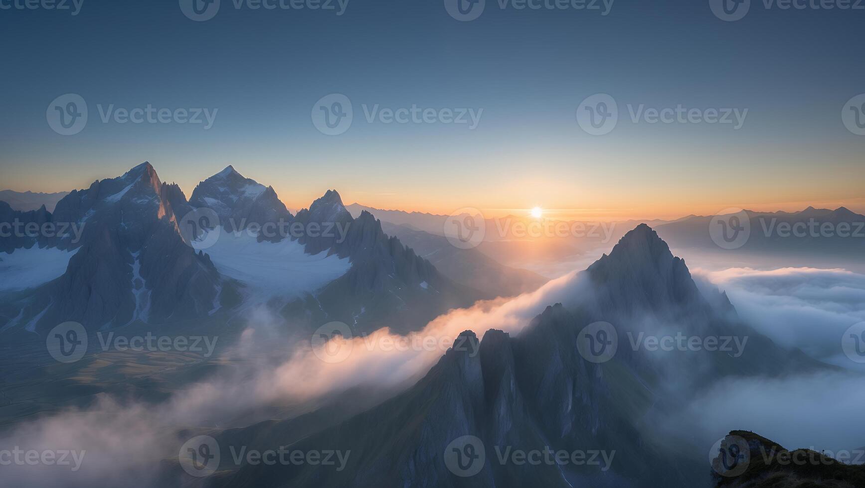 Majestic Mountain Peaks Emerging From Cloud Inversion at Stunning Sunrise photo