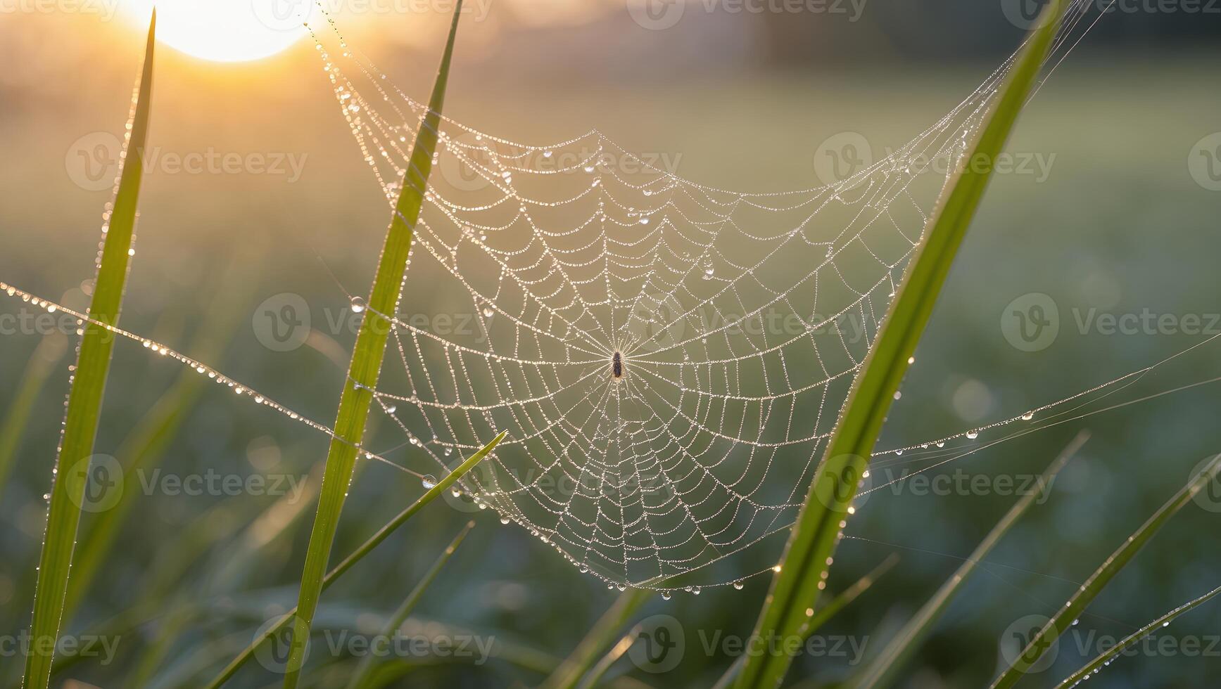 Spiderweb with Dew Drops on Grass at Sunrise Close View photo
