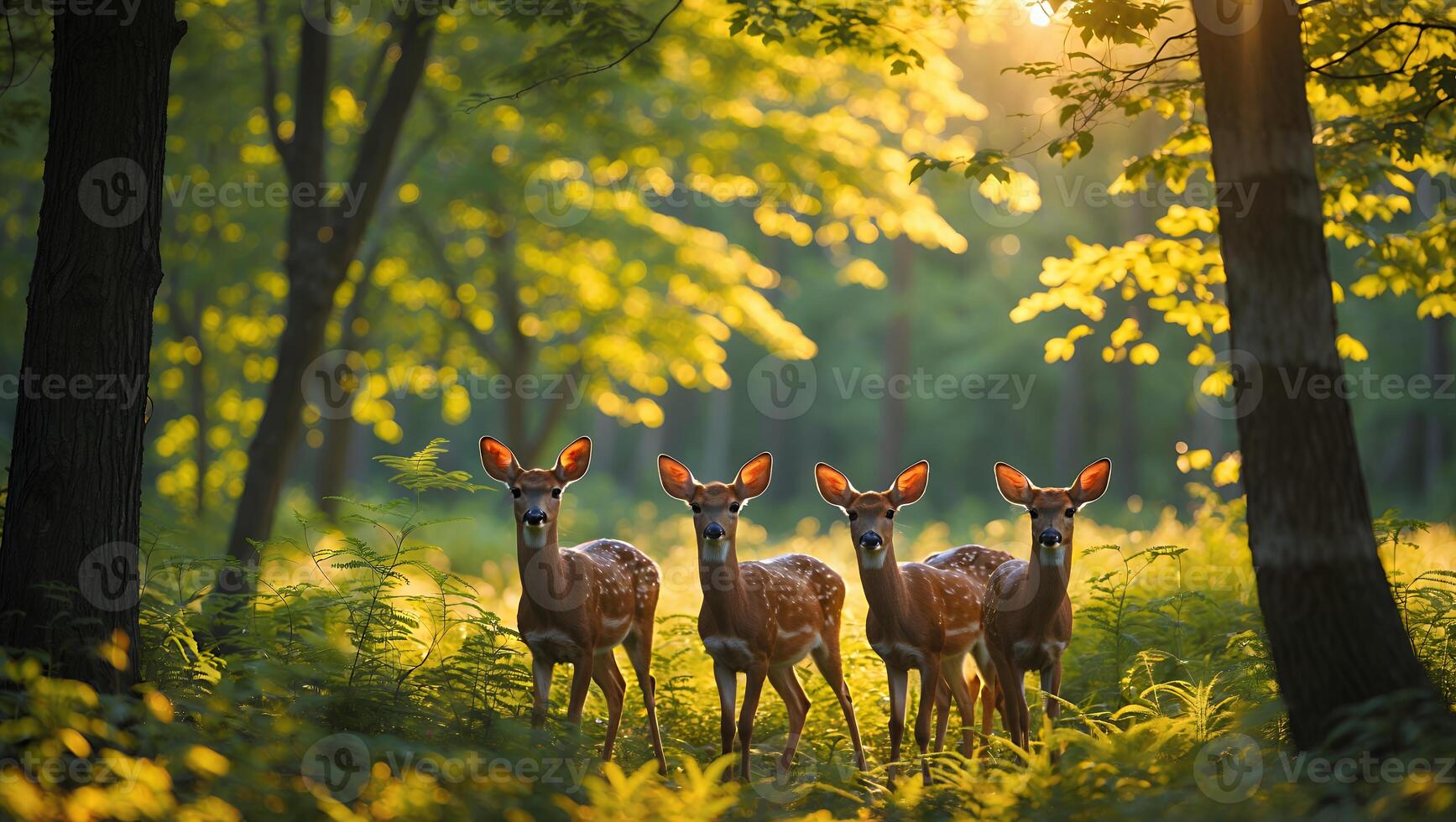 Deer Standing Together in Forest with Sunlight Streaming Through Trees photo