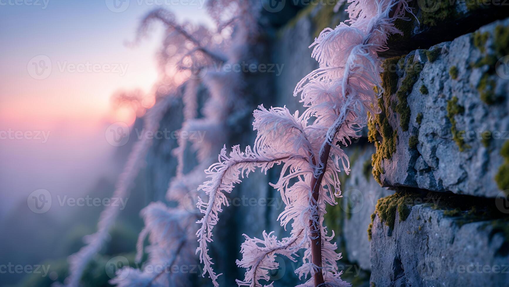 Frost Covered Plant on Stone Wall Against a Soft Hued Sky photo