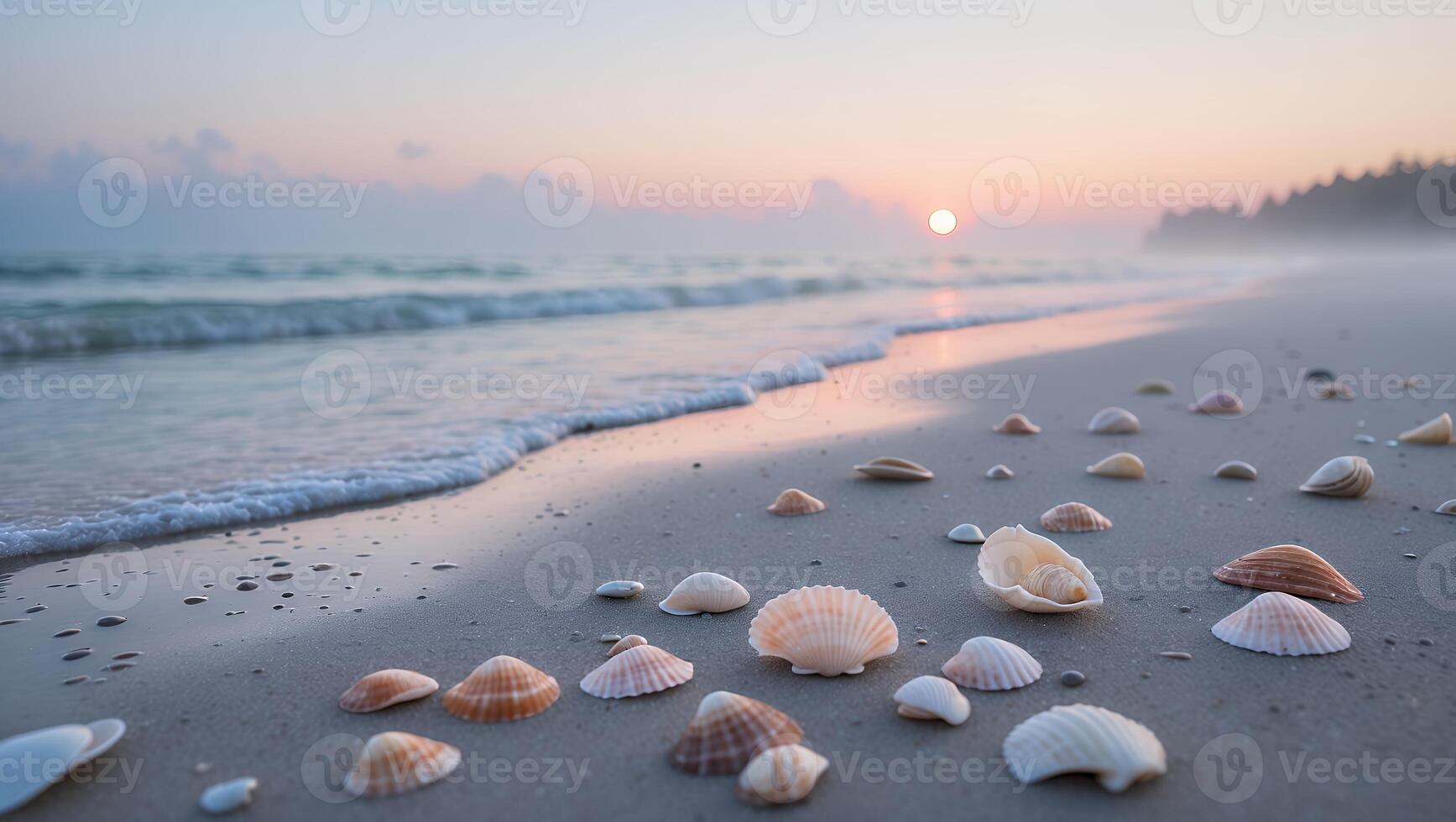 Seashells on Beach at Sunset with Ocean Waves and Gentle Light photo