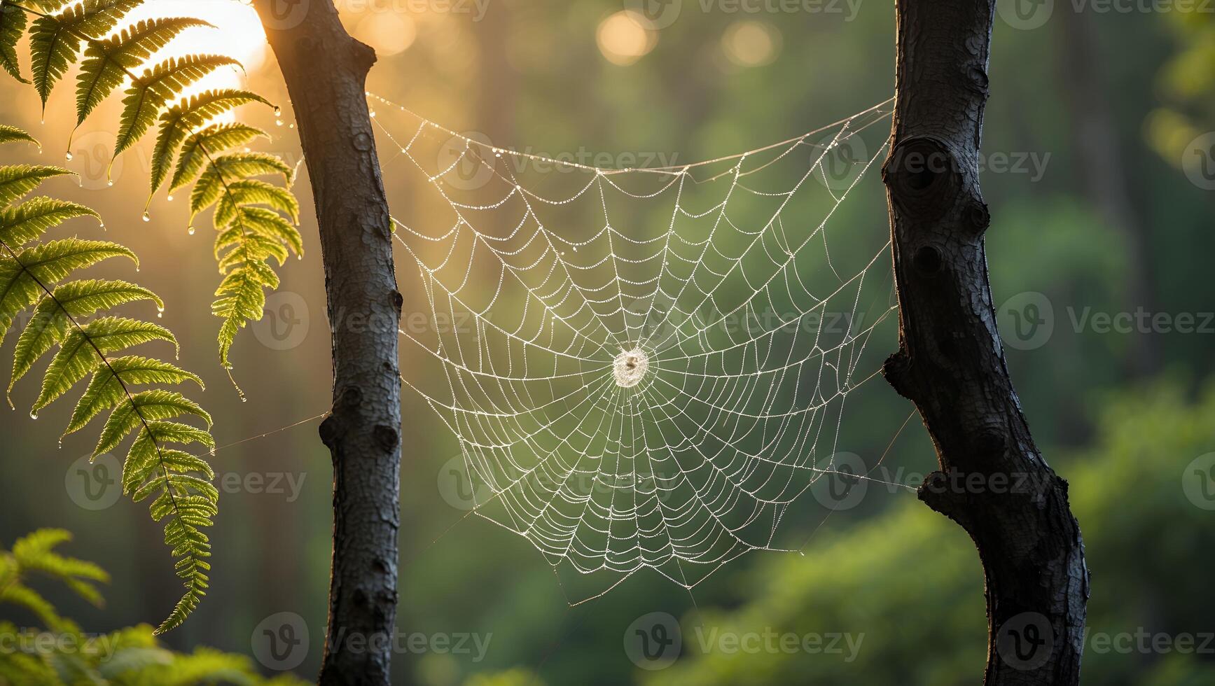 Spiderweb with Water Droplets Hanging Between Trees in a Forest photo