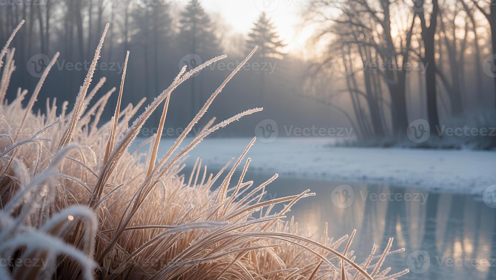 Frost Covered Grass Beside Calm River on a Winter Morning photo