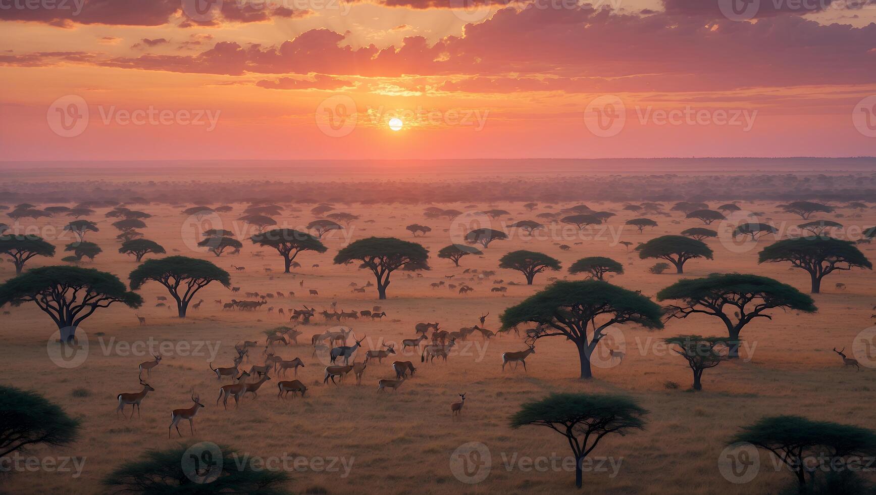 Antelope Herd Grazing in African Savannah at Sunrise Amidst Acacia Trees photo